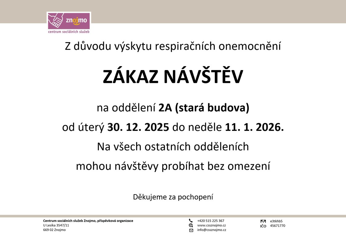 Zákaz návštěv na oddělení 2A (stará budova) od úterý 30.12.2025 do neděle 11.1.2026