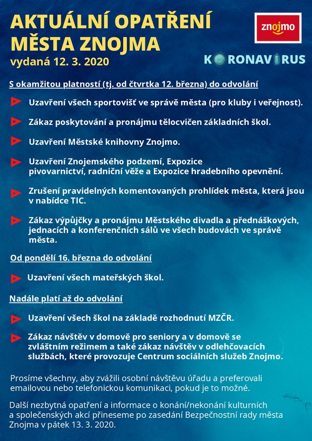 Aktuální opatření města Znojma 12.3.2020 Aktuální opatření města Znojma 12.3.2020