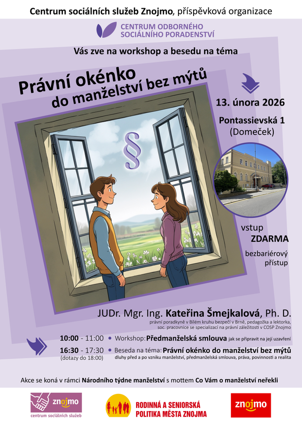 Právní okénko do manželství bez mýtů - 13.2.2026 od 10 a 16:30 hod. - Pontassievská 1, Znojmo (Domeček).